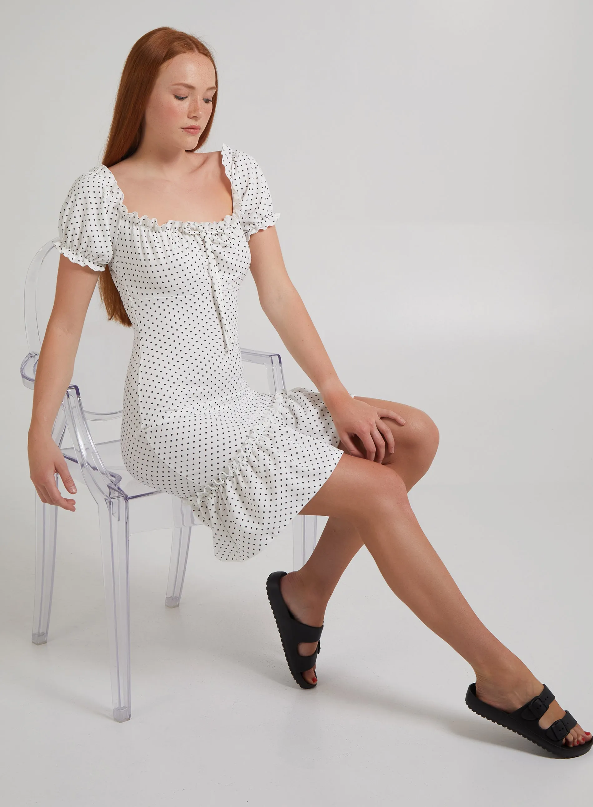 Bardot Polka Dot Puff Sleeve Dress