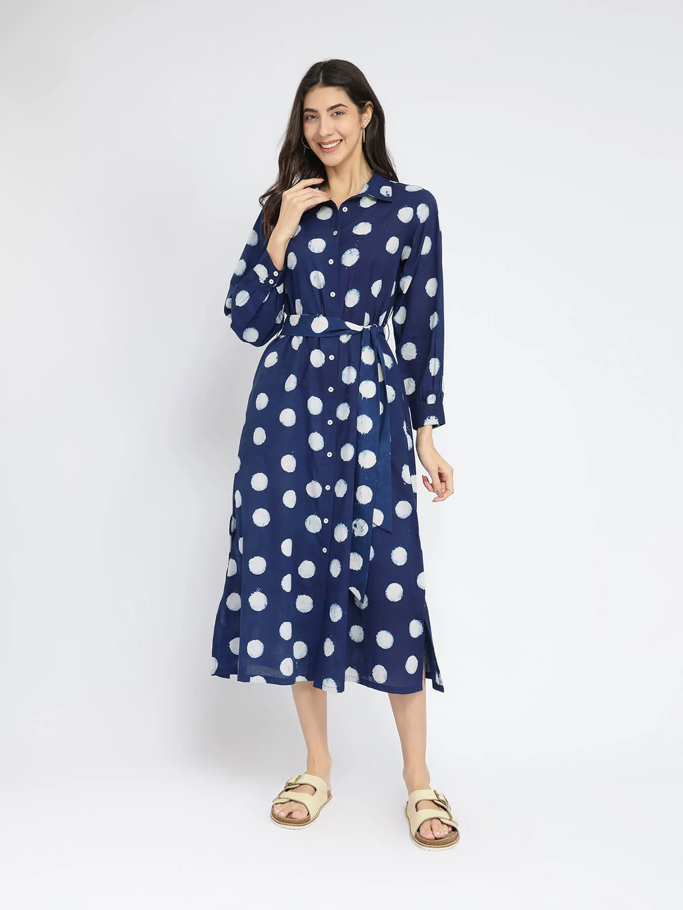Cotton Dabu Polka Shirt Dress - Indigo
