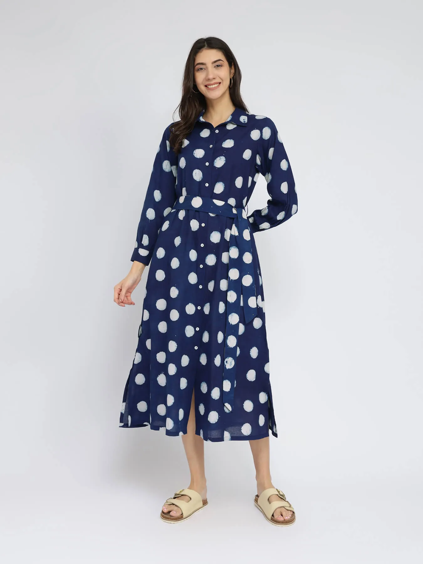 Cotton Dabu Polka Shirt Dress - Indigo