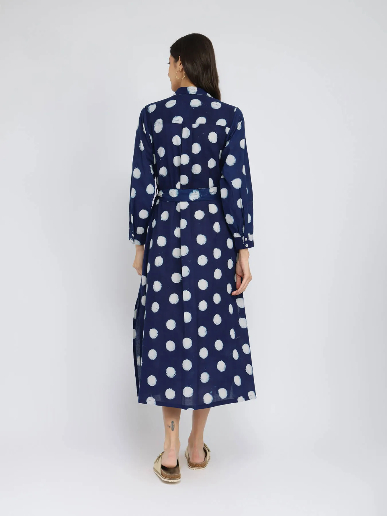 Cotton Dabu Polka Shirt Dress - Indigo