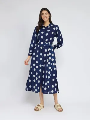 Cotton Dabu Polka Shirt Dress - Indigo
