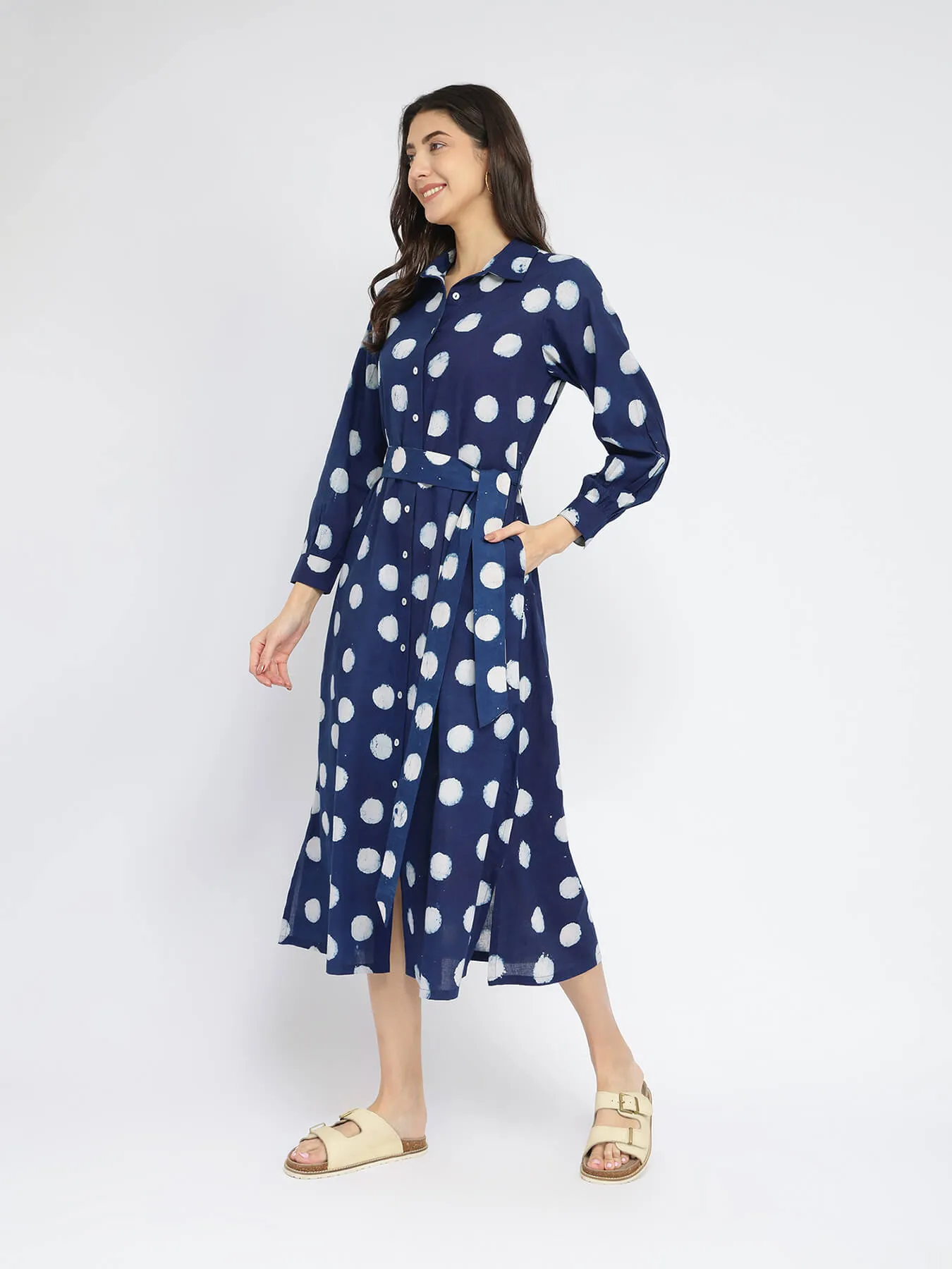 Cotton Dabu Polka Shirt Dress - Indigo