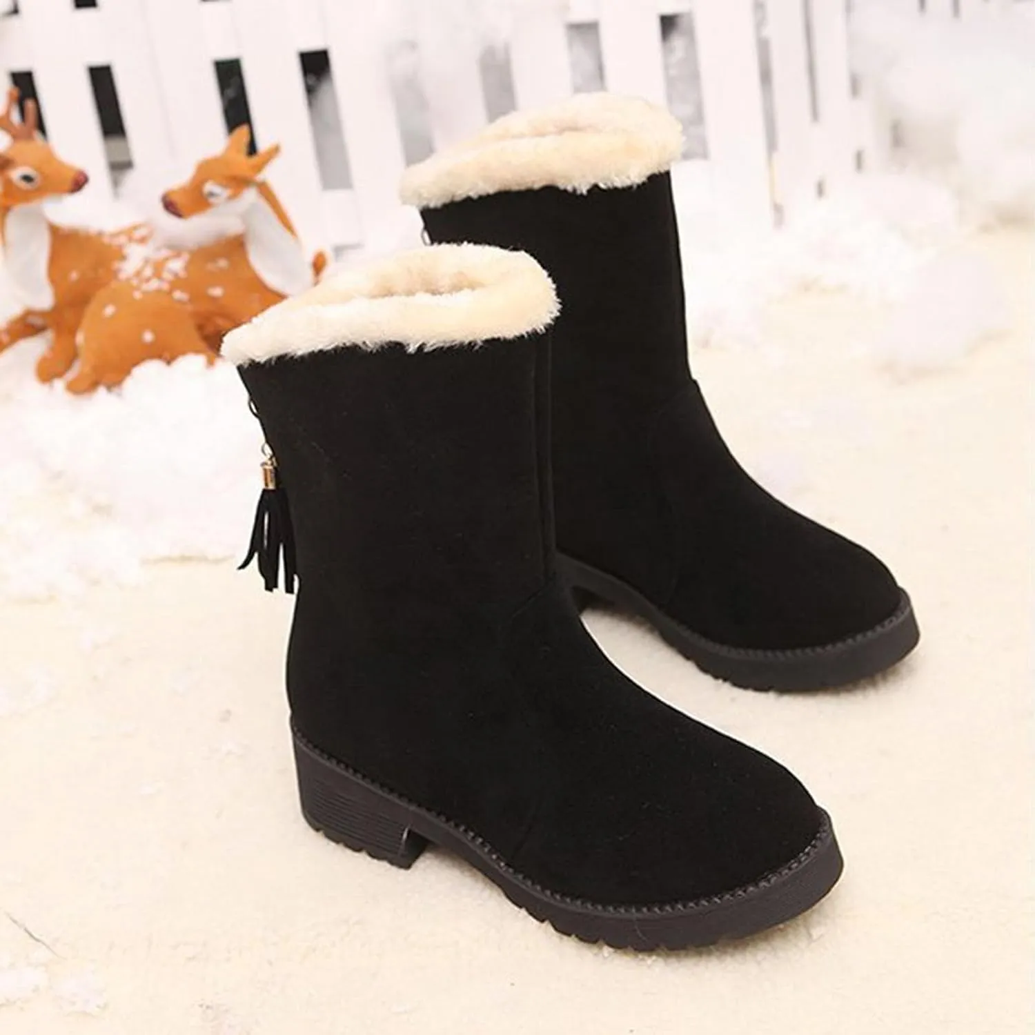 Ctreela Slouchy Mid-Calf Snow Boots for Women Slip on Outdoor Winter Booties Fur Warm Lined Comfort Wide Calf Combat Boot
