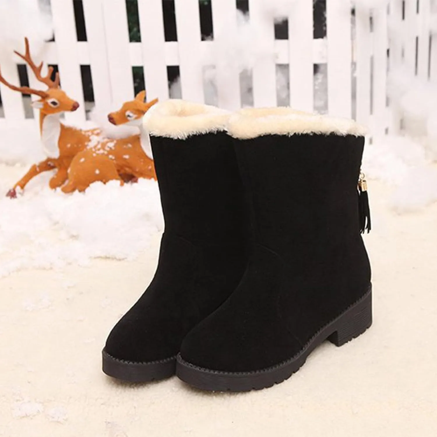 Ctreela Slouchy Mid-Calf Snow Boots for Women Slip on Outdoor Winter Booties Fur Warm Lined Comfort Wide Calf Combat Boot