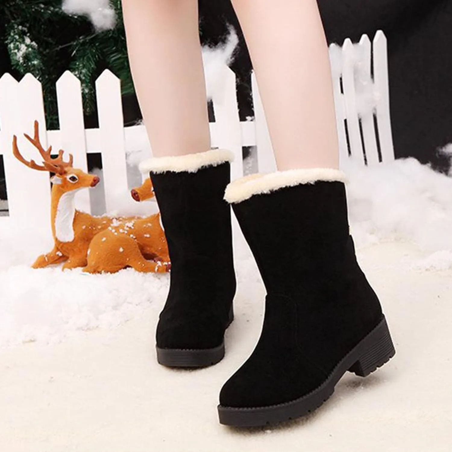 Ctreela Slouchy Mid-Calf Snow Boots for Women Slip on Outdoor Winter Booties Fur Warm Lined Comfort Wide Calf Combat Boot