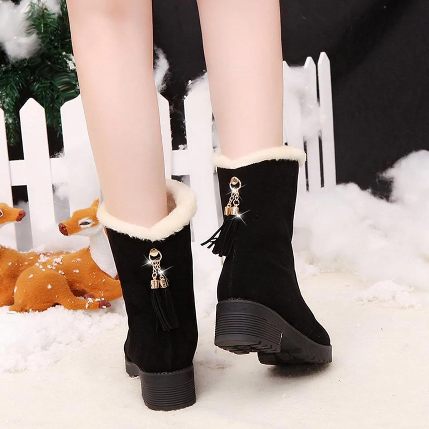 Ctreela Slouchy Mid-Calf Snow Boots for Women Slip on Outdoor Winter Booties Fur Warm Lined Comfort Wide Calf Combat Boot