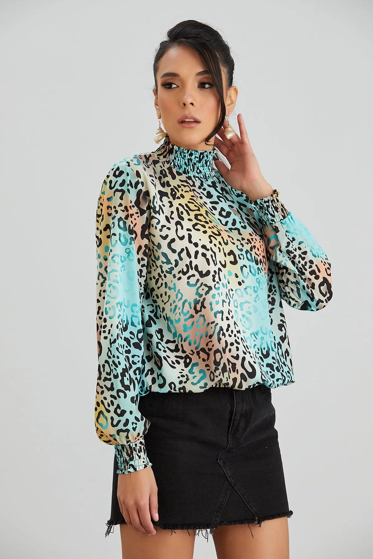 High Neck Oversize top in Mint Leopard