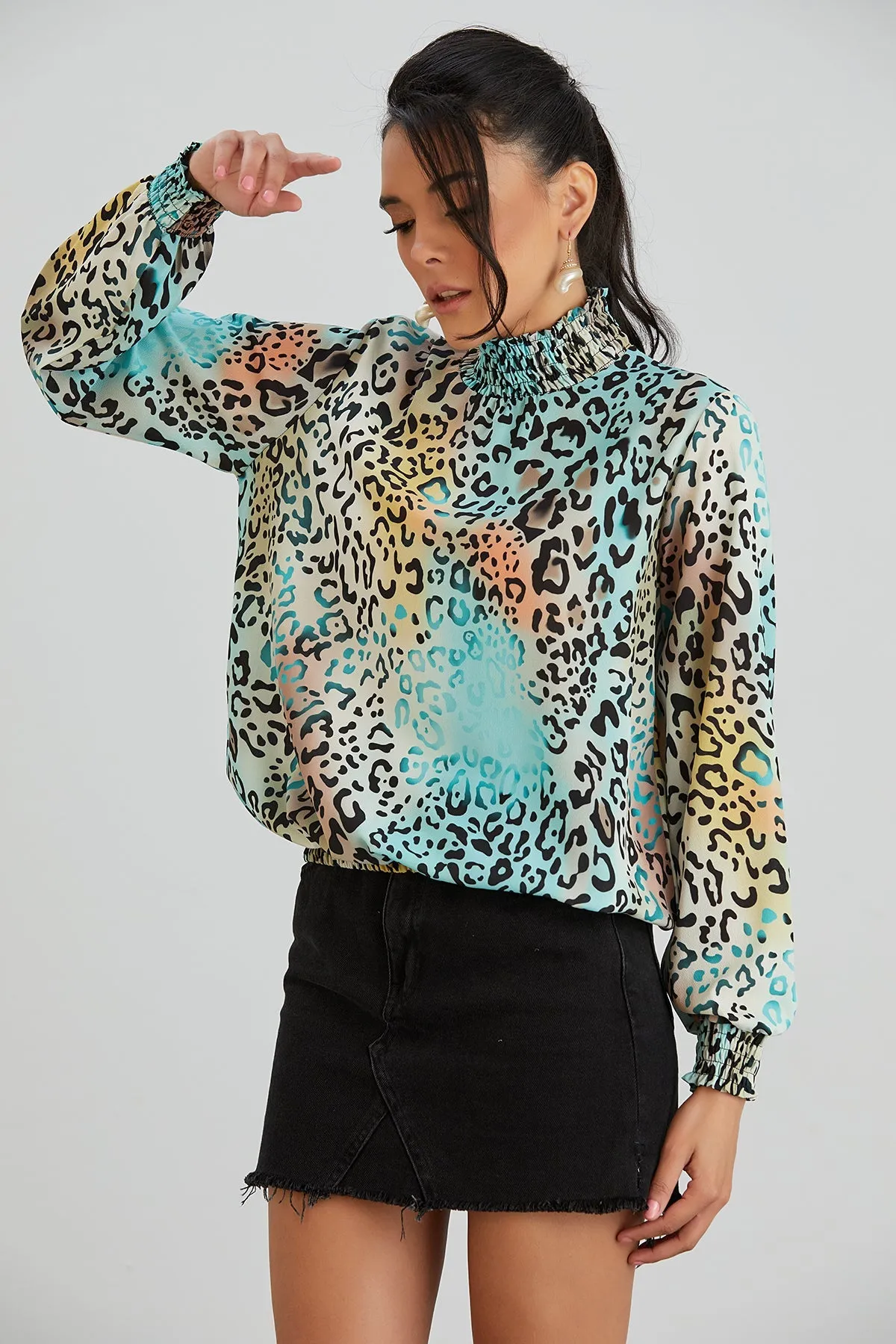 High Neck Oversize top in Mint Leopard