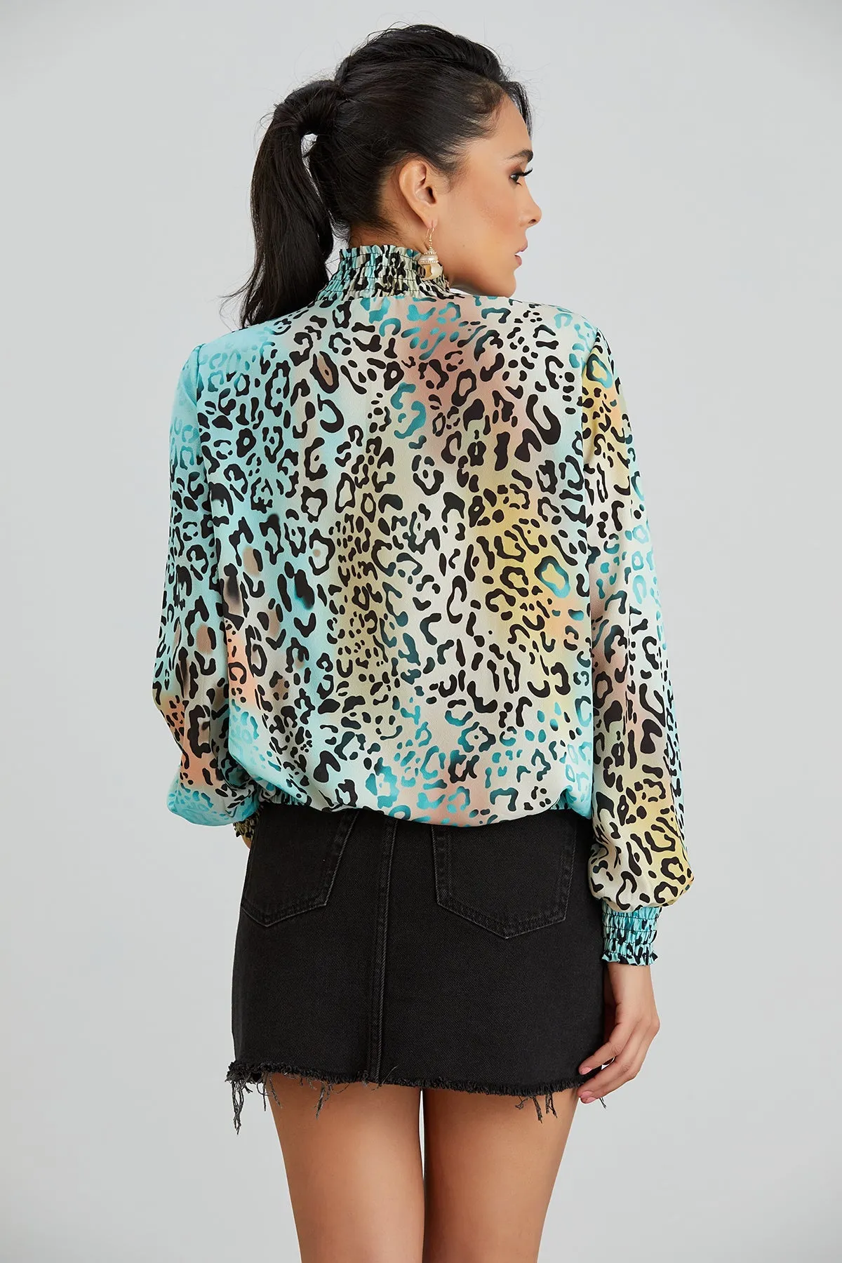 High Neck Oversize top in Mint Leopard