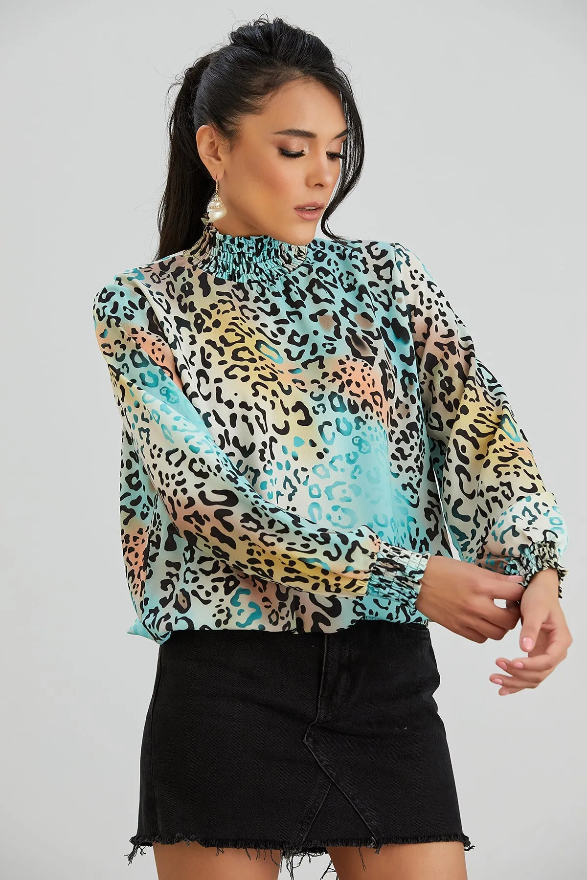 High Neck Oversize top in Mint Leopard