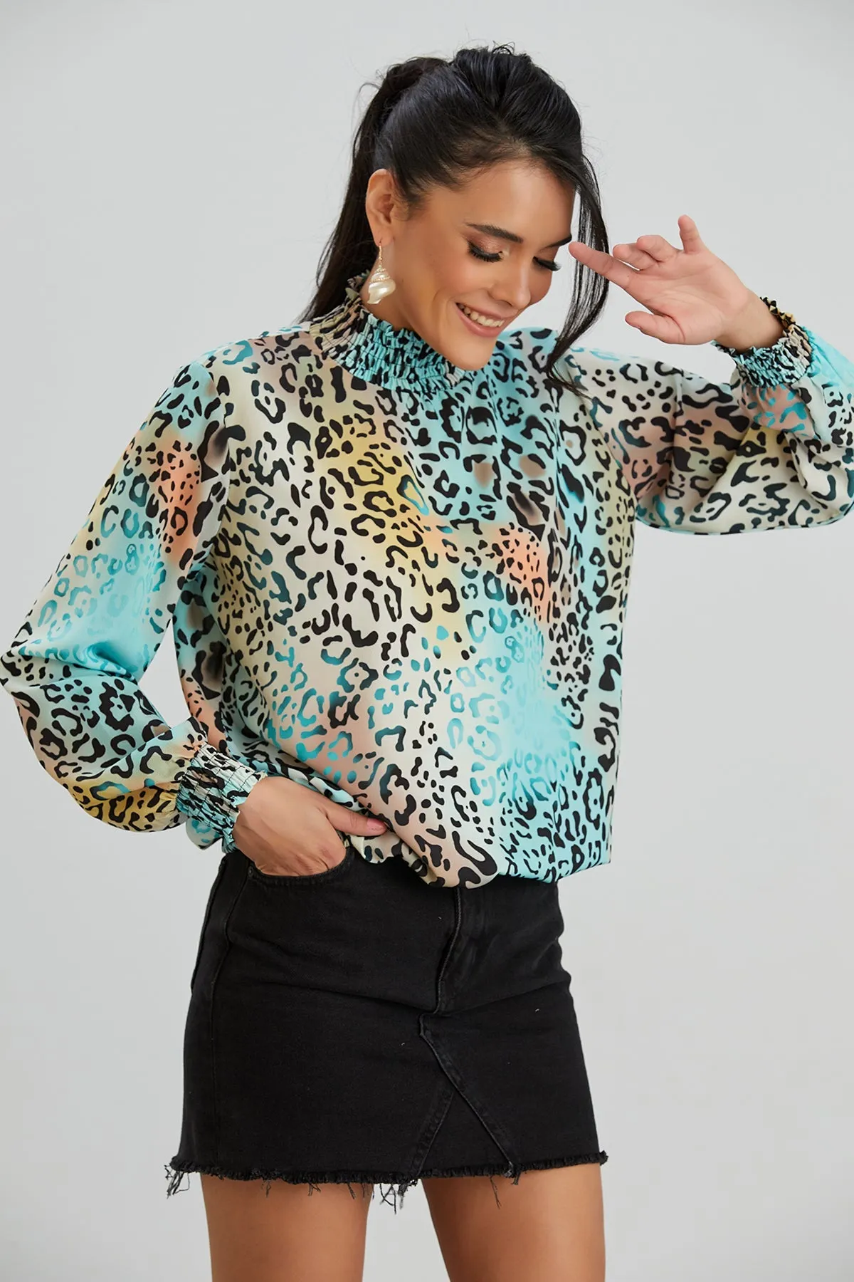 High Neck Oversize top in Mint Leopard