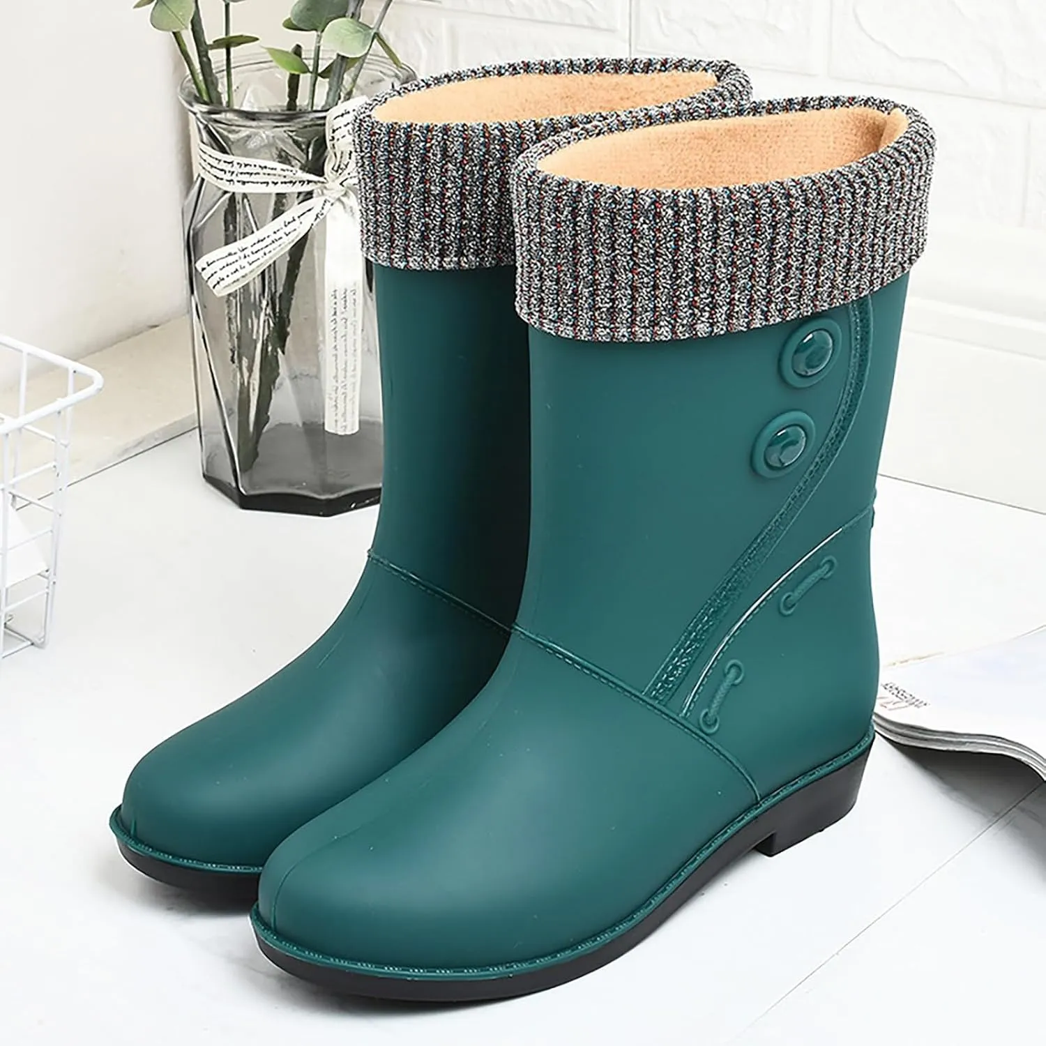 IWIHMIV Raining Boots for Women Rubber Boots for Women Waterproof Rain Boots Mid Calf Boots Non-Slip Fleece Lined Rain Boots