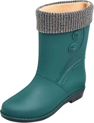 IWIHMIV Raining Boots for Women Rubber Boots for Women Waterproof Rain Boots Mid Calf Boots Non-Slip Fleece Lined Rain Boots