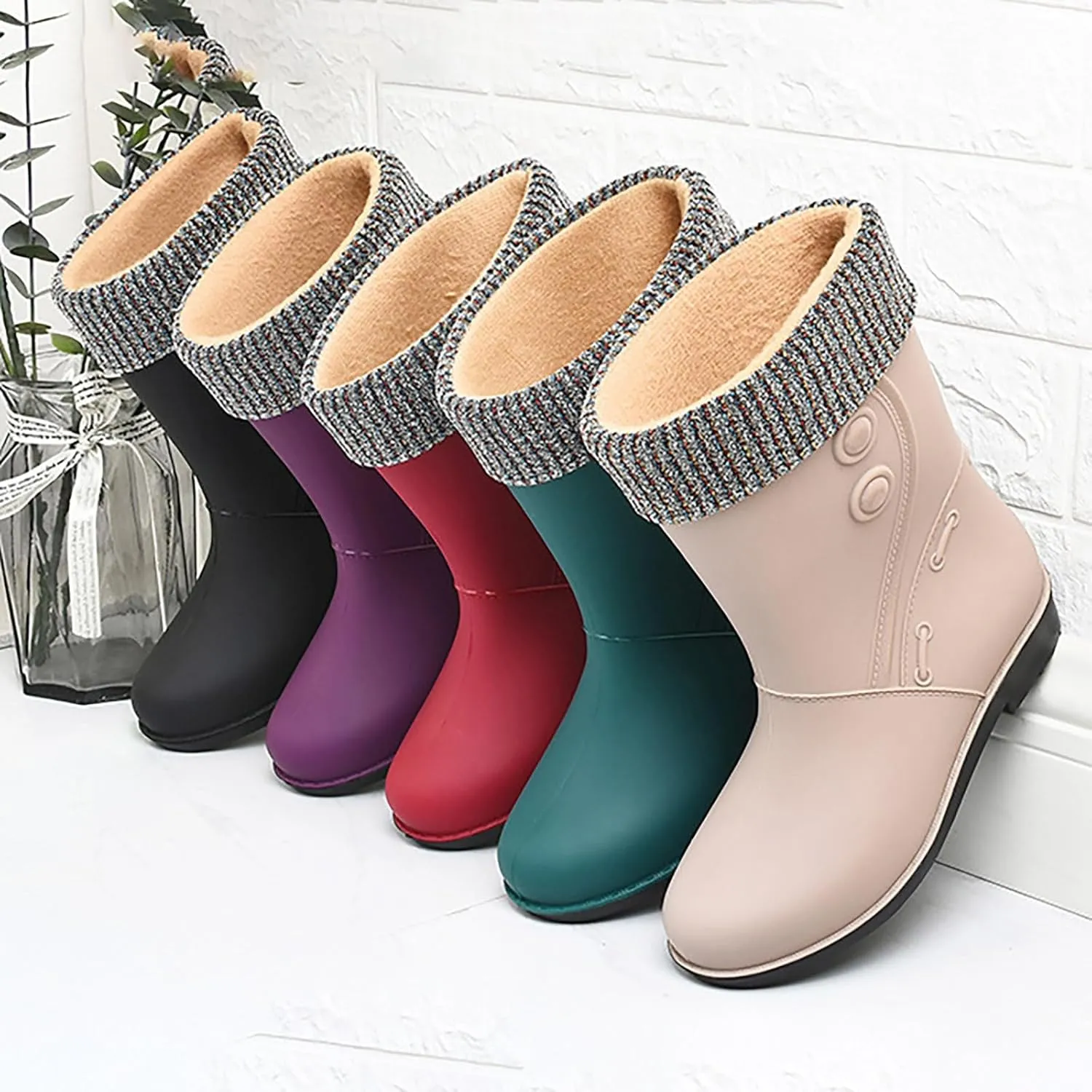 IWIHMIV Raining Boots for Women Rubber Boots for Women Waterproof Rain Boots Mid Calf Boots Non-Slip Fleece Lined Rain Boots