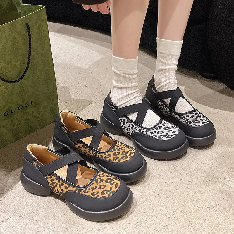 Joskaa Leopard Women Platform Sandals Shallow Shoes Mary Jane Fashion Loafers 2024 Trend New Party Dress Cozy Lolita Zapatillas Mujer