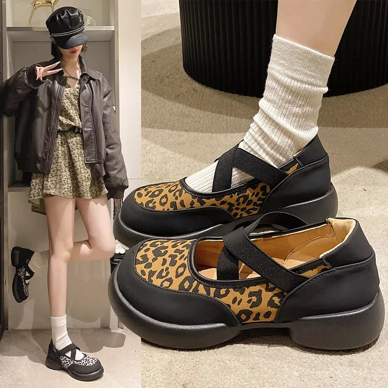 Joskaa Leopard Women Platform Sandals Shallow Shoes Mary Jane Fashion Loafers 2024 Trend New Party Dress Cozy Lolita Zapatillas Mujer