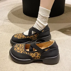 Joskaa Leopard Women Platform Sandals Shallow Shoes Mary Jane Fashion Loafers 2024 Trend New Party Dress Cozy Lolita Zapatillas Mujer