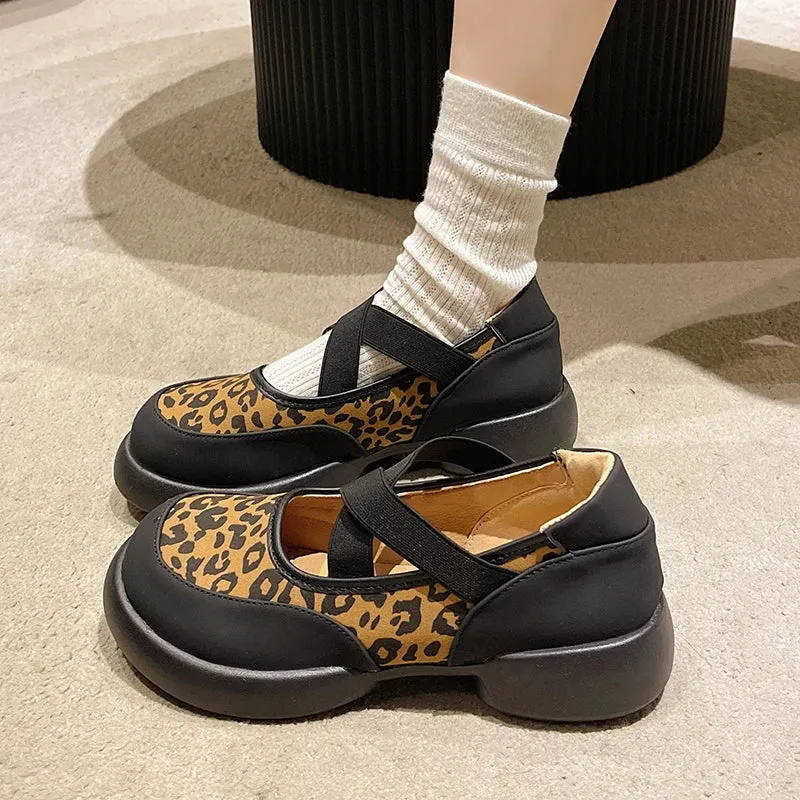 Joskaa Leopard Women Platform Sandals Shallow Shoes Mary Jane Fashion Loafers 2024 Trend New Party Dress Cozy Lolita Zapatillas Mujer