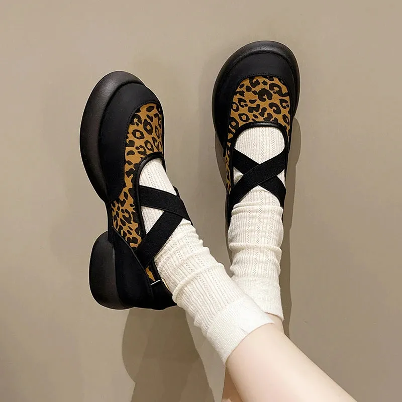 Joskaa Leopard Women Platform Sandals Shallow Shoes Mary Jane Fashion Loafers 2024 Trend New Party Dress Cozy Lolita Zapatillas Mujer