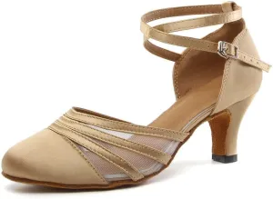JUODVMP Women's Closed Toe Dance Heels Light Brown Satin Latin Ballroom Dance Shoes for Wedding Party Model YCL189