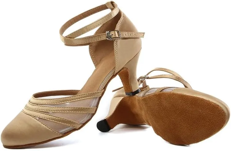 JUODVMP Women's Closed Toe Dance Heels Light Brown Satin Latin Ballroom Dance Shoes for Wedding Party Model YCL189