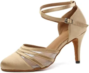 JUODVMP Women's Closed Toe Dance Heels Light Brown Satin Latin Ballroom Dance Shoes for Wedding Party Model YCL189