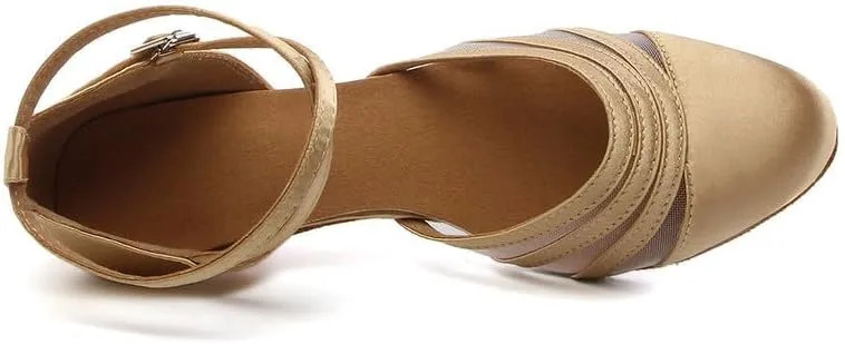 JUODVMP Women's Closed Toe Dance Heels Light Brown Satin Latin Ballroom Dance Shoes for Wedding Party Model YCL189
