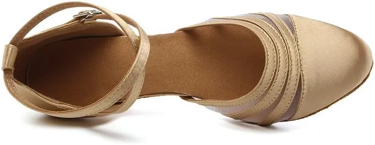 JUODVMP Women's Closed Toe Dance Heels Light Brown Satin Latin Ballroom Dance Shoes for Wedding Party Model YCL189