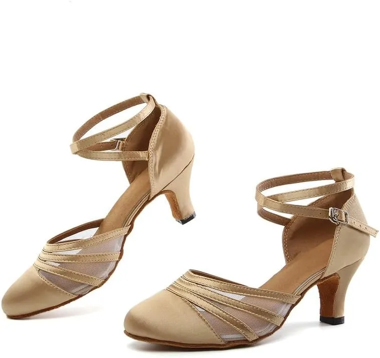 JUODVMP Women's Closed Toe Dance Heels Light Brown Satin Latin Ballroom Dance Shoes for Wedding Party Model YCL189