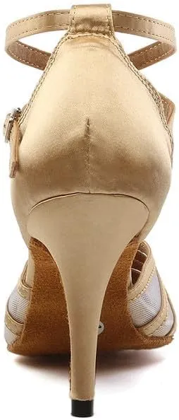 JUODVMP Women's Closed Toe Dance Heels Light Brown Satin Latin Ballroom Dance Shoes for Wedding Party Model YCL189