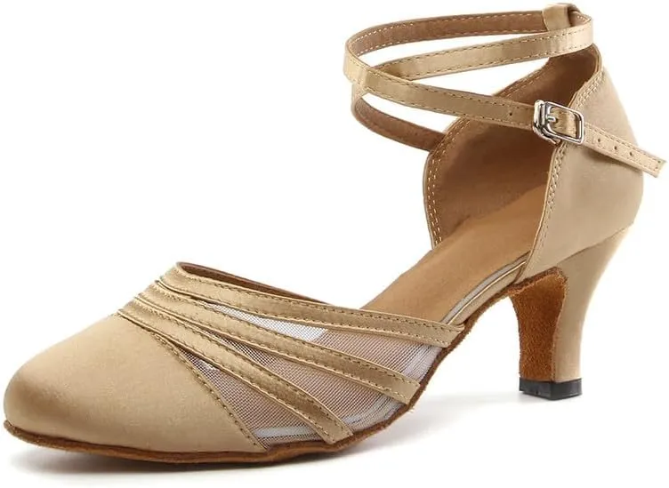 JUODVMP Women's Closed Toe Dance Heels Light Brown Satin Latin Ballroom Dance Shoes for Wedding Party Model YCL189
