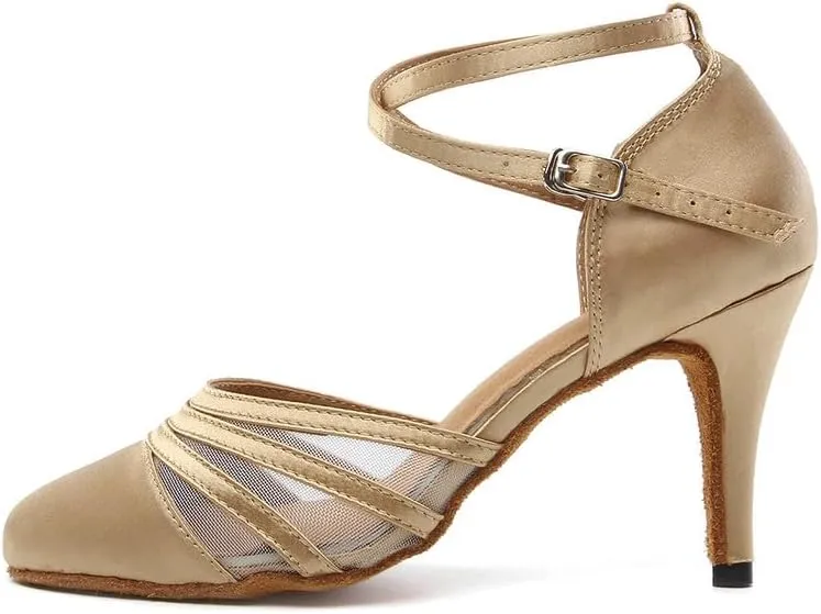 JUODVMP Women's Closed Toe Dance Heels Light Brown Satin Latin Ballroom Dance Shoes for Wedding Party Model YCL189