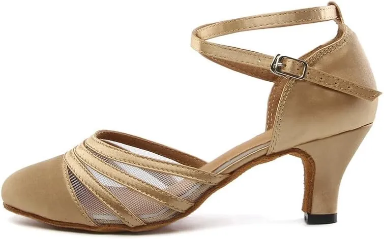 JUODVMP Women's Closed Toe Dance Heels Light Brown Satin Latin Ballroom Dance Shoes for Wedding Party Model YCL189