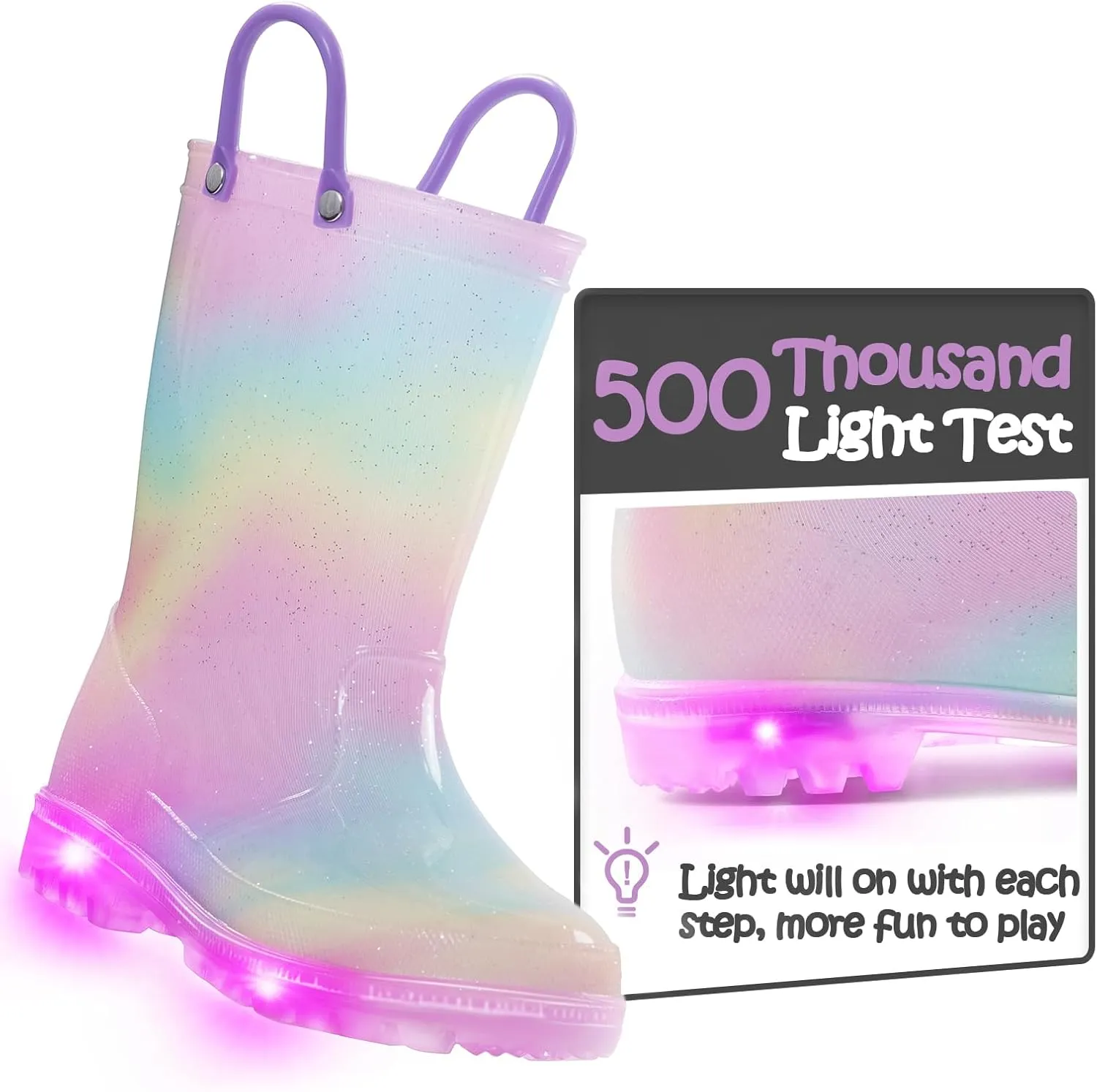 K KomForme Toddler Light Up Rain Boots for Girls Boys Waterproof Rain Boots with Handles Outdoors