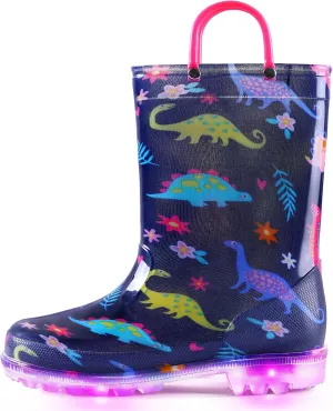 K KomForme Toddler Light Up Rain Boots Patterns and Glitter Rain Boots for Girls Boys with Handles,Black dinosaur,13