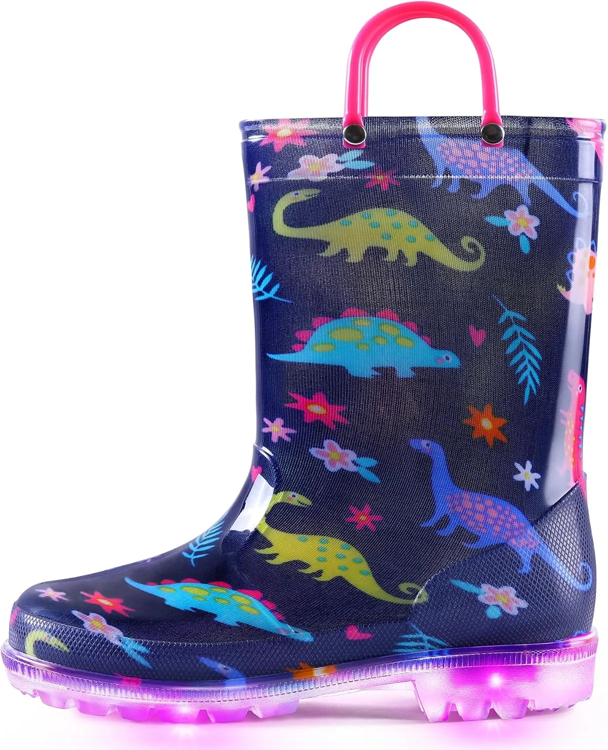 K KomForme Toddler Light Up Rain Boots Patterns and Glitter Rain Boots for Girls Boys with Handles,Black dinosaur,13