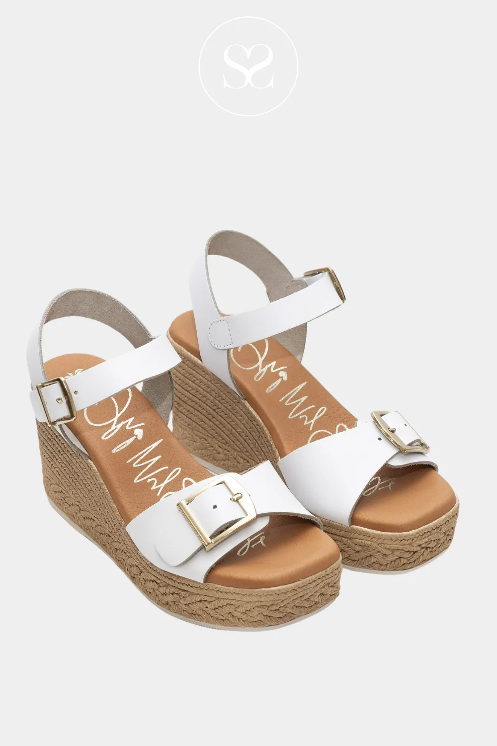 OH MY SANDALS 5726 - WHITE LEATHER BUCKLE WEDGE SANDALS