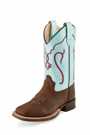 OLD WEST CHILDREN'S (9-3) OILD BROWN & TURQUOISE SQUARE TOE BOOT