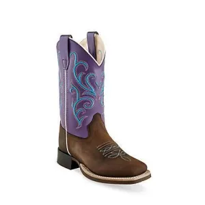 OLD WEST YOUTH (4-7) OILED BROWN & PURPLE SQUARE TOE BOOT