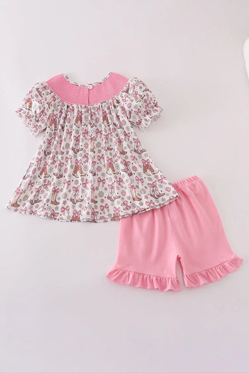 Pink let's go girls boots bow floral smocked shorts set