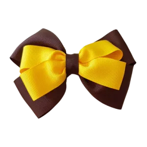 School Hair Accessories - Double Cherish Hair Bow 11cm - Brown Base & Centre Ribbon (24 colours top)