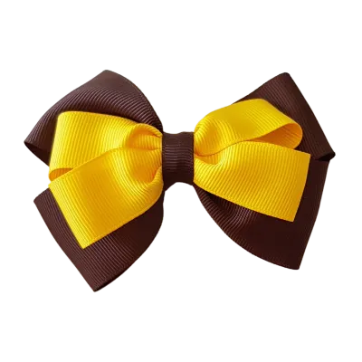 School Hair Accessories - Double Cherish Hair Bow 11cm - Brown Base & Centre Ribbon (24 colours top)