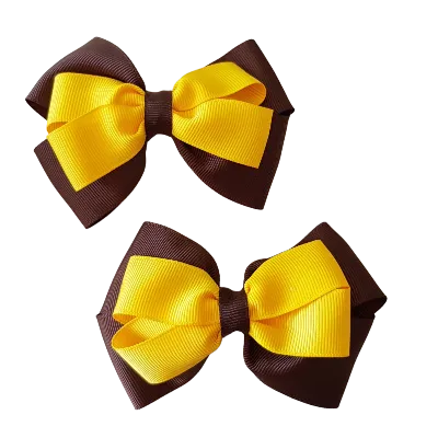 School Hair Accessories - Double Cherish Hair Bow 11cm - Brown Base & Centre Ribbon (24 colours top)