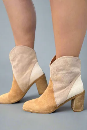 Square-Toe Color Block Boots - Camel