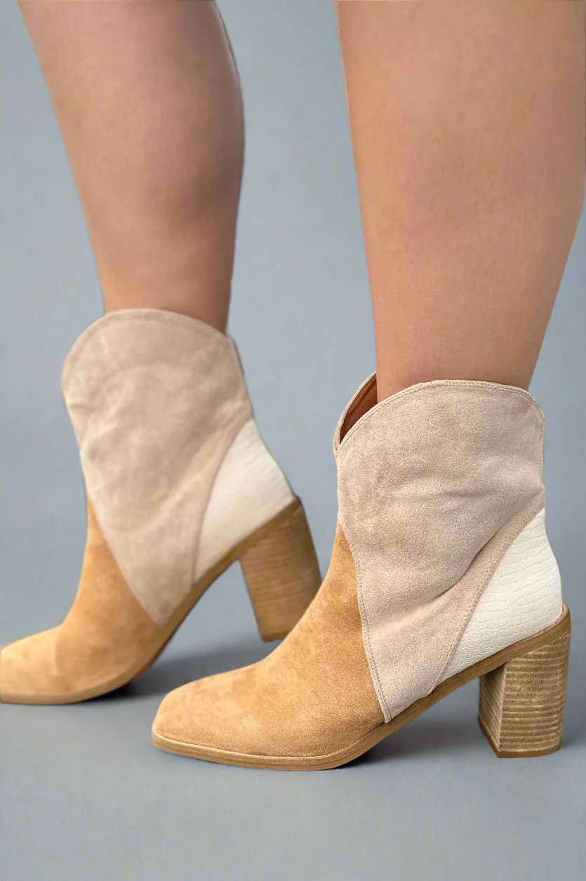 Square-Toe Color Block Boots - Camel