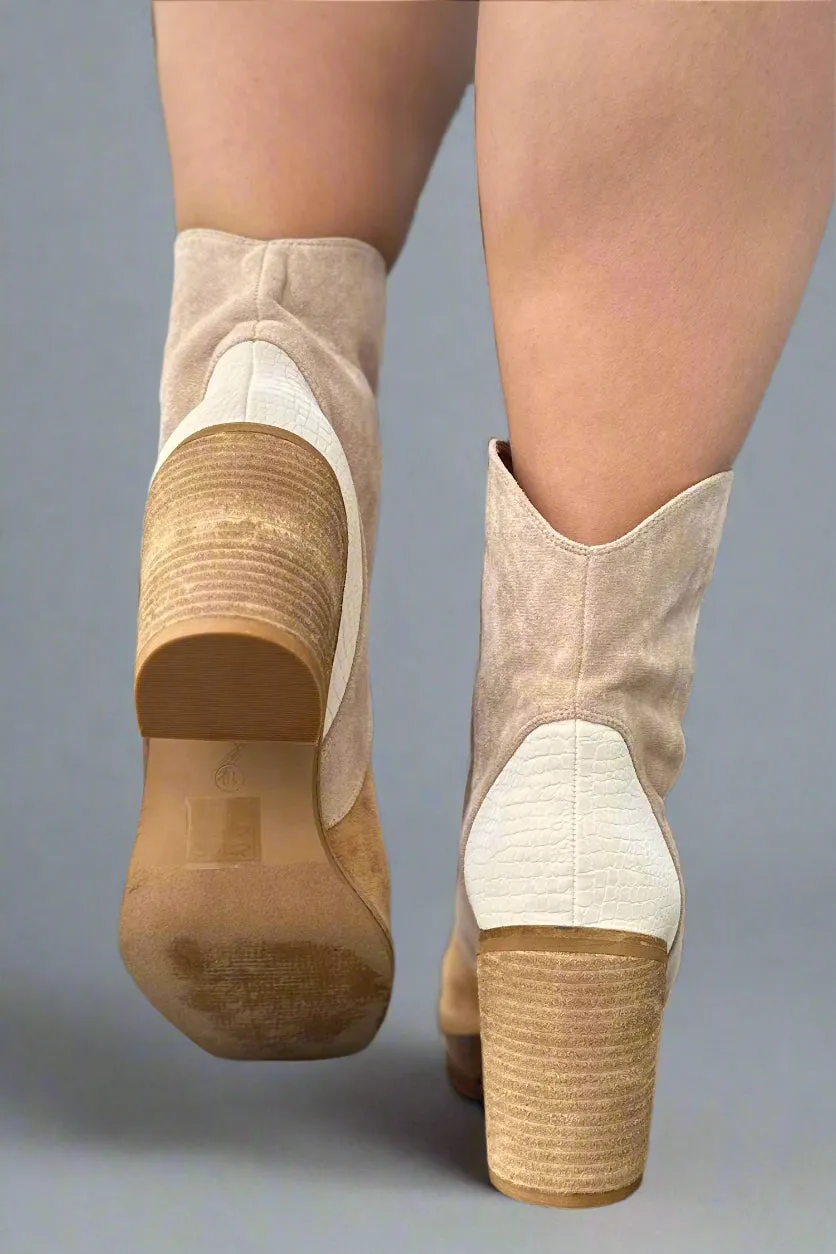 Square-Toe Color Block Boots - Camel