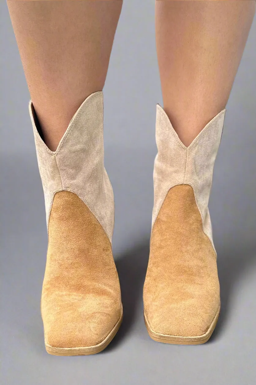 Square-Toe Color Block Boots - Camel
