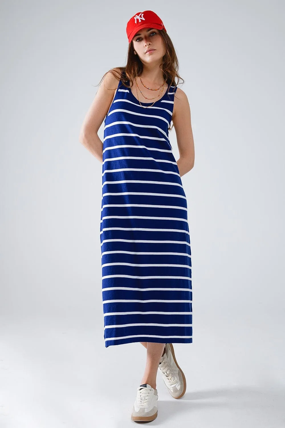 Tank Maxi Dress With Scoop Neck In Navy With White Stripes