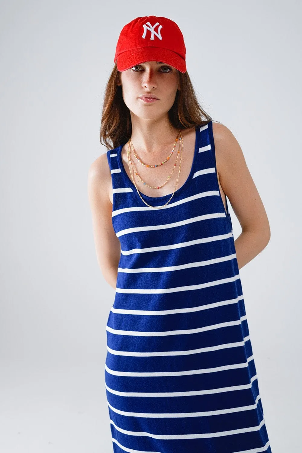 Tank Maxi Dress With Scoop Neck In Navy With White Stripes