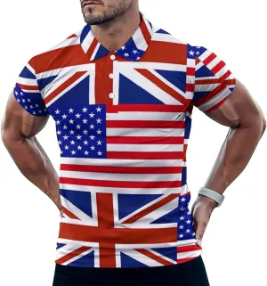 U.S. & UK Flag Mens Straight Short Sleeve Polo Shirts Sports Golf Tennis T-Shirt Quick Dry Long Top